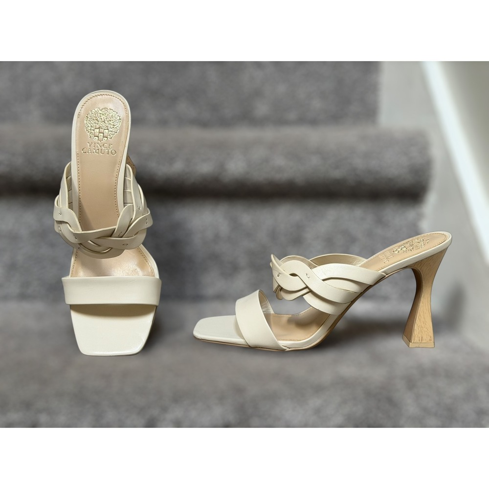 Vince Camuto Rivky Square Toe Braided Leather Heels Cream Minimalist Sandals 10